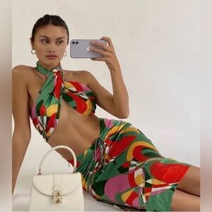 With Jean Naomi Midi Skirt and Silk Tie Scarf Top in Geo Print Green